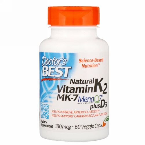 Doctor's Best, ナチュラルビタミンK2 MK-7、MenaQ7プラスビタミンD3配合、180 mcg、植物性カプセル60錠