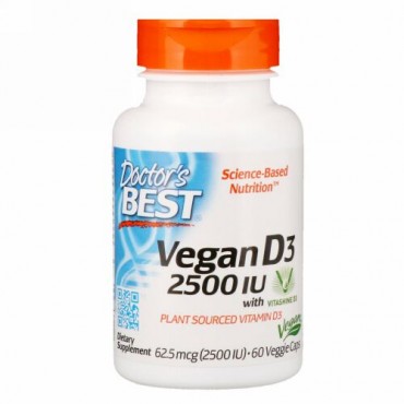 Doctor's Best, ビタシャインD3配合ビーガンD3、2,500 IU、植物性カプセル60個
