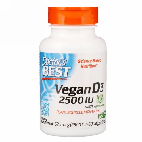 Doctor's Best, ビタシャインD3配合ビーガンD3、2,500 IU、植物性カプセル60個