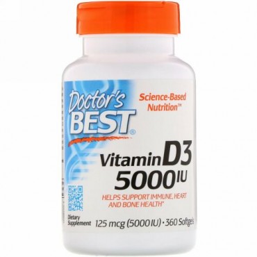 Doctor's Best, ビタミンD3、125 mcg（5000 IU）、ソフトジェル360錠