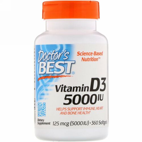 Doctor's Best, ビタミンD3、125 mcg（5000 IU）、ソフトジェル360錠