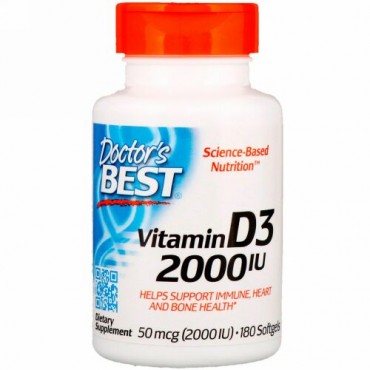 Doctor's Best, ビタミンD3、50 mcg（2000 IU）、ソフトジェル180錠