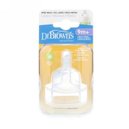 Dr. Brown's, Natural Flow, Silicone Nipples, Wide-Neck, Level 4, 9 + Months, 2 Pack (Discontinued Item)