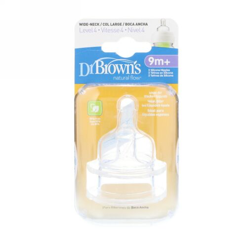 Dr. Brown's, Natural Flow, Silicone Nipples, Wide-Neck, Level 4, 9 + Months, 2 Pack (Discontinued Item)