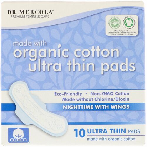 Dr. Mercola, オーガニックコットン超薄型パッド、夜用羽付き、10枚
