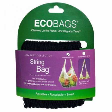 ECOBAGS, マーケットコレクション、ストリングバッグ、 約25cmの持ち手、ブラック、 バッグ1個