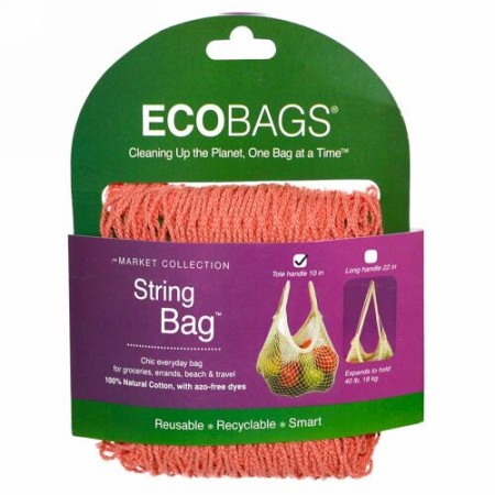 ECOBAGS, マーケットコレクション、ストリングバッグ、 約25cmの持ち手、コーラルローズ、 バッグ1個