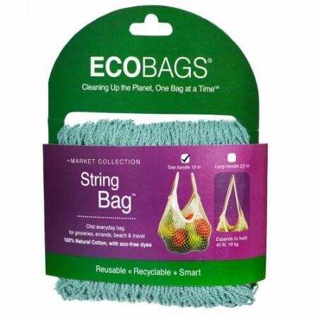 ECOBAGS, マーケットコレクション、ストリングバッグ、 約25cmの持ち手、ウォッシュドブルー、 バッグ1個