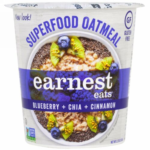 Earnest Eats, スーパーフードオートミールカップ, ブルーベリー + チーア + シナモン, スーパーフードブルーベリーチーア, 2.35 oz (67 g)