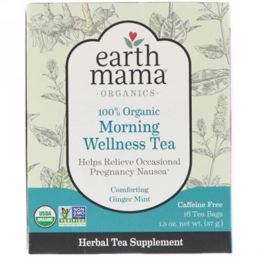 Earth Mama, 100％オーガニックモーニングウェルネスティー、癒しのジンジャーミント、ティーバッグ16個、1.3 oz (37 g) (Discontinued Item)