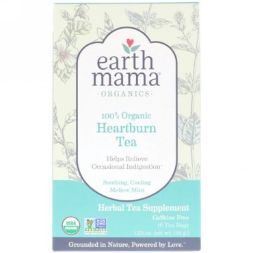 Earth Mama, Organics, 100% Organic Heartburn Tea, Soothing, Cooling Mellow Mint, Caffeine Free, 16 Tea Bags, 1.23 oz (35 g) (Discontinued Item)