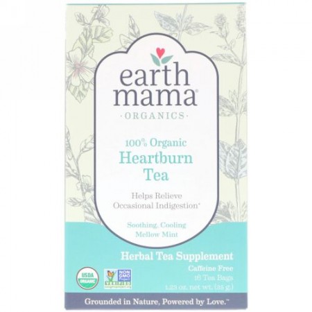 Earth Mama, Organics, 100% Organic Heartburn Tea, Soothing, Cooling Mellow Mint, Caffeine Free, 16 Tea Bags, 1.23 oz (35 g) (Discontinued Item)