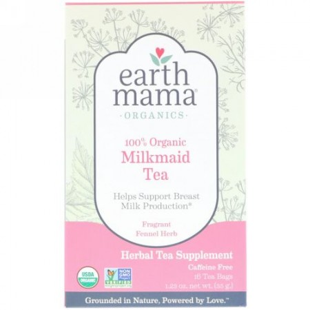 Earth Mama, オーガニック、100％オーガニックミルクメイドティー、香り高いフェンネルハーブ、カフェインフリー、16ティーバッグ、35g (Discontinued Item)