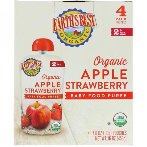 Earth's Best, Organic Apple Strawberry, Baby Food Puree, 6+ Months, 4 Pouches, 4.0 oz (113 g) Each (Discontinued Item)