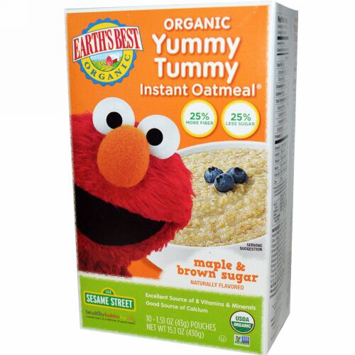 Earth's Best, オーガニック Yummy Tummy Instant Oatmeal、メイプル & ブラウンシュガー、10 パック、各1.51 オンス (43 g) (Discontinued Item)
