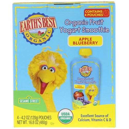 Earth's Best, Sesame Street, Organic Fruit Yogurt Smoothie, Apple Blueberry, 4 Pouches, 4.2 oz (120 g) Each (Discontinued Item)