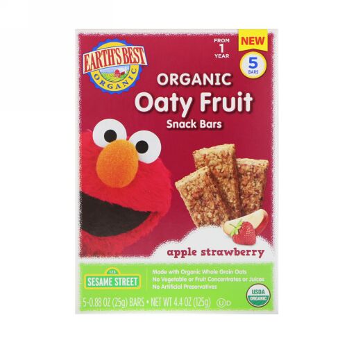 Earth's Best, Sesame Street, Organic Oaty Fruit Snack Bars, Apple Strawberry, 5 Bars, 0.88 oz (25 g) Each (Discontinued Item)