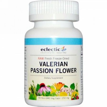 Eclectic Institute, バレリアン パッション フラワー 、 250 mg、 90 非遺伝子組換え植物性カプセル