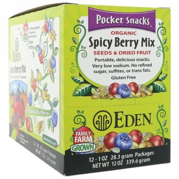 Eden Foods, オーガニック、ポケットスナック、スパイシーベリーミックス、12袋、各1 oz (28.3 g) (Discontinued Item)