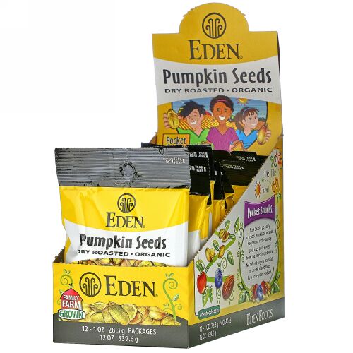 Eden Foods, オーガニック、ポケットスナックス、パンプキンシード、ドライロースト、12パック、各1 oz (28.3 g)
