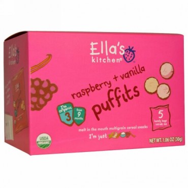 Ella's Kitchen, Raspberry + Vanilla Puffits, 5 Handy Bags, 1.06 oz (30 g) (Discontinued Item)