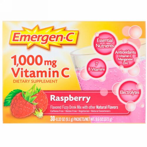 Emergen-C, Vitamin C, Flavored Fizzy Drink Mix, Raspberry, 30 Packets, 0.32 oz (9.1 g) Each