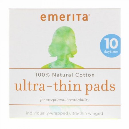 Emerita, 100%ナチュラルコットン極薄パッド、昼用、パッド10枚 (Discontinued Item)