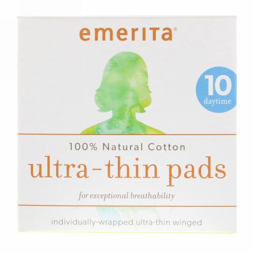 Emerita, 100%ナチュラルコットン極薄パッド、昼用、パッド10枚 (Discontinued Item)
