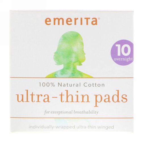 Emerita, 100%ナチュラルコットン・夜用ナプキン、10枚 (Discontinued Item)