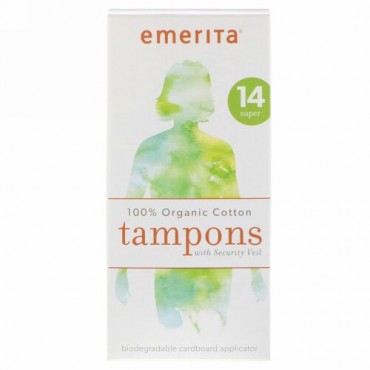Emerita, 安全ベール付き100%オーガニックコットンタンポン、スーパー、14本 (Discontinued Item)