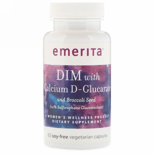 Emerita, カルシウムD-グルカ酸とブロッコリーシー配合DIM、大豆フリーベジタリアンカプセル60個