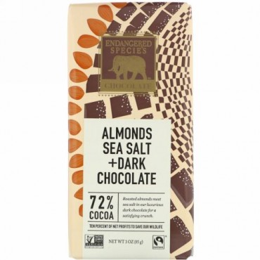 Endangered Species Chocolate, アーモンドシーソルト＋ダークチョコレート、カカオ72％、85g（3オンス）