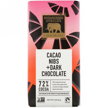 Endangered Species Chocolate, カカオニブ＋ダークチョコレート、カカオ72％、85g（3オンス）