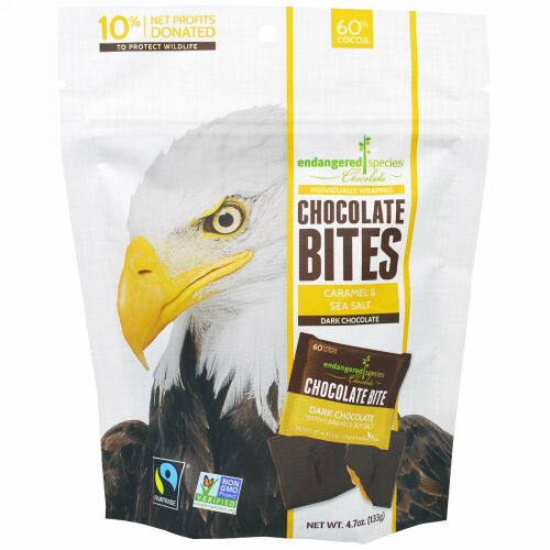 Endangered Species Chocolate, チョコレート・バイツ、カラメル＆シーソルト入りダーク・チョコレート、4.7オンス（133 g） (Discontinued Item)