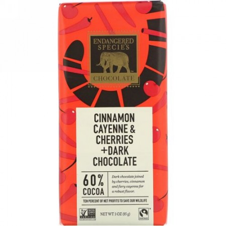Endangered Species Chocolate, Cinnamon Cayenne & Cherries + Dark Chocolate, 3 oz (85 g) (Discontinued Item)