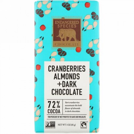 Endangered Species Chocolate, クランベリー、アーモンド＆ダークチョコレート、カカオ72％、85g（3オンス）