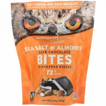 Endangered Species Chocolate, ダークチョコレートバイト、シーソルト＆アーモンド、カカオ72％、個別包装12個入り、119g（4.2オンス）