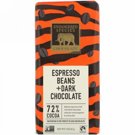 Endangered Species Chocolate, エスプレッソビーンズ＆ダークチョコレート、カカオ72％、85g（3オンス）