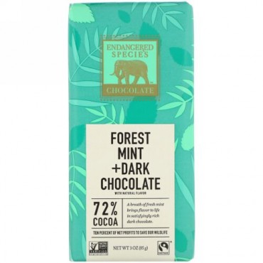 Endangered Species Chocolate, フォレストミント＆ダークチョコレート、カカオ72％、85g（3オンス）