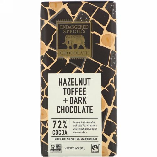 Endangered Species Chocolate, ヘーゼルナッツトフィー＆ダークチョコレート、カカオ72％、85g（3オンス）