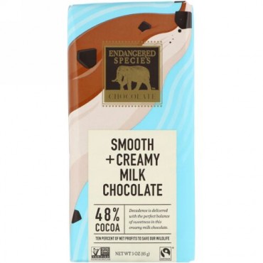 Endangered Species Chocolate, スムース＆クリーミーミルクチョコレート、カカオ48％、85g（3オンス）