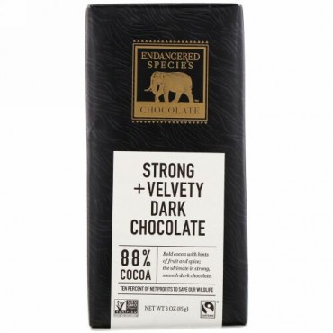 Endangered Species Chocolate, ストロング＋ベルベッティダークチョコレート、カカオ88％、85g（3オンス）