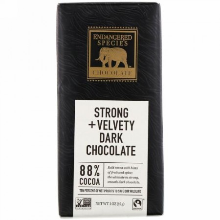 Endangered Species Chocolate, ストロング＋ベルベッティダークチョコレート、カカオ88％、85g（3オンス）