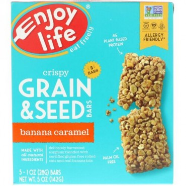 Enjoy Life Foods, クリスピー穀物 & シードバー、バナナキャラメル、5本、各1オンス (28 g) (Discontinued Item)