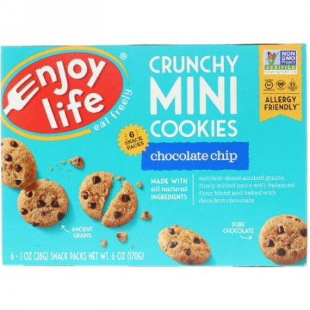 Enjoy Life Foods, Crunchy Mini Cookies, Chocolate Chip, 6 Snack Packs, 1 oz (28 g) Each (Discontinued Item)