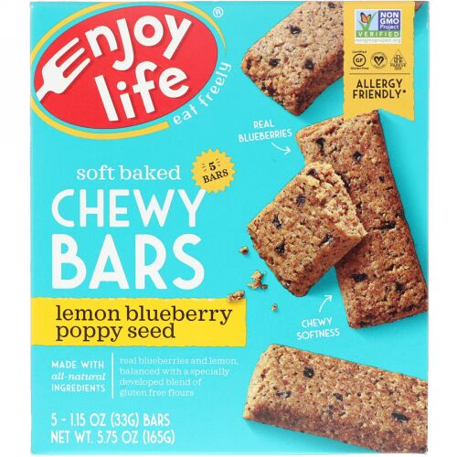 Enjoy Life Foods, ベークドチューイバー、レモン・ブルーベリー・ポピーシード、5本、各1.15 oz (33 g) (Discontinued Item)