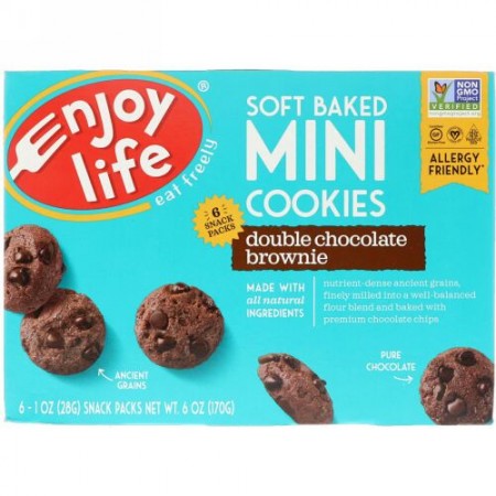 Enjoy Life Foods, ソフトベークドミニクッキー、ダブルチョコレートブラウニー、スナックパック6袋、1袋28g（1 oz）