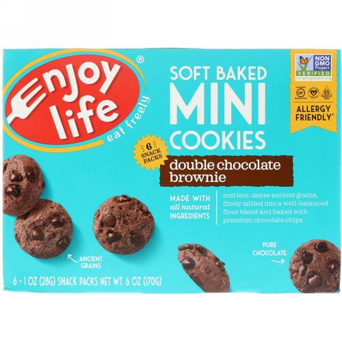 Enjoy Life Foods, ソフトベークドミニクッキー、ダブルチョコレートブラウニー、スナックパック6袋、1袋28g（1 oz）
