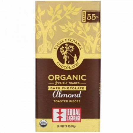 Equal Exchange, オーガニック ダークチョコレート、 トースティドアーモンド 2.8 oz (80 g)