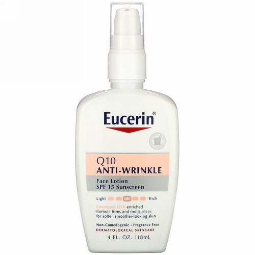 Eucerin, Q10アンチリンクル・敏感肌向けスキンローション、SPF 15 日焼け止め、4 液体オンス（118 ml）